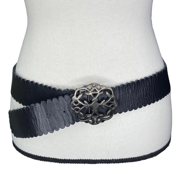 Black Faux Leather Belt with Boho Ornate Filigree Metal Buckle - Picture 1 of 15